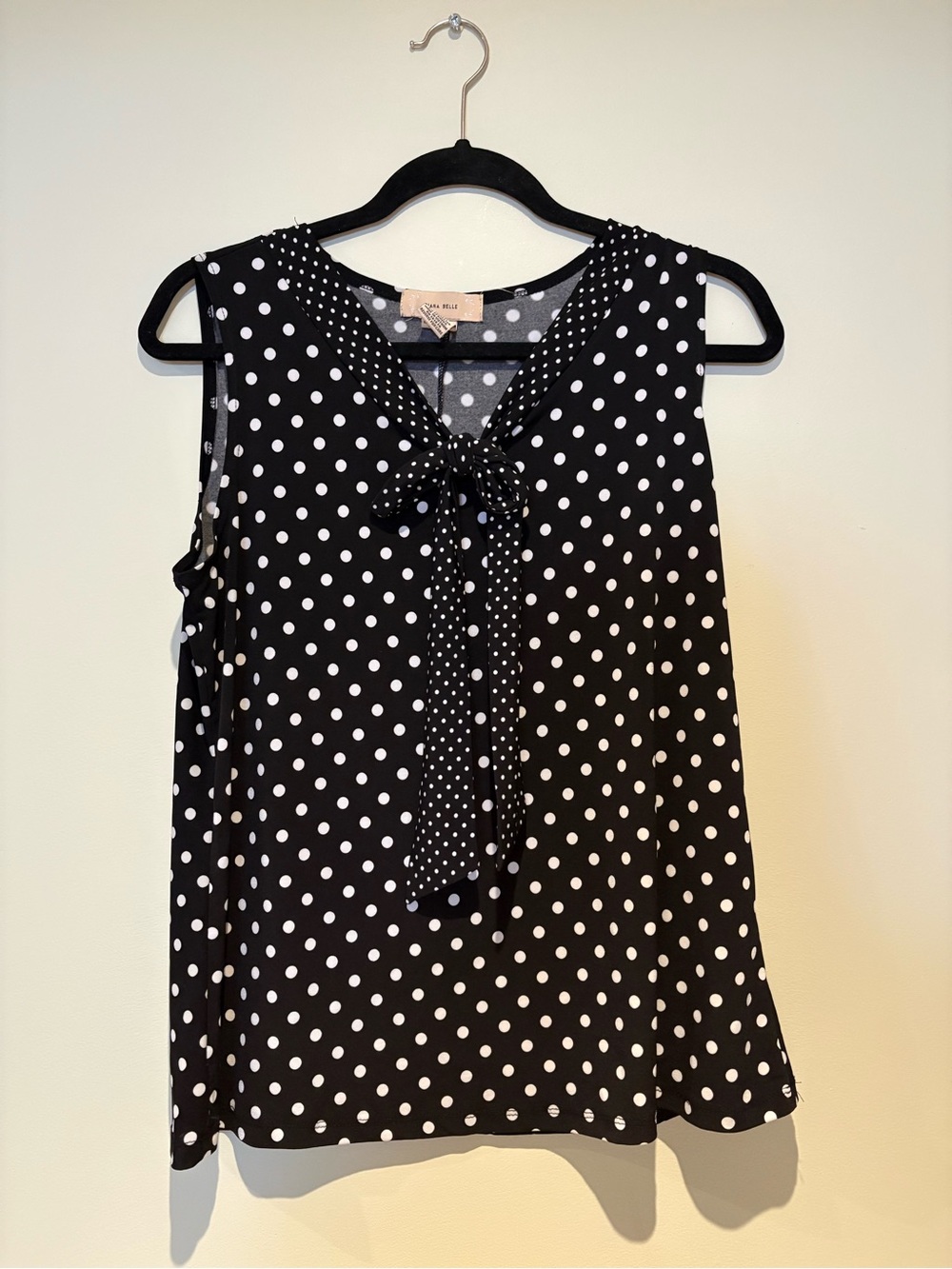 Sleeveless Black & White Polka Dot Tie-Neck Top